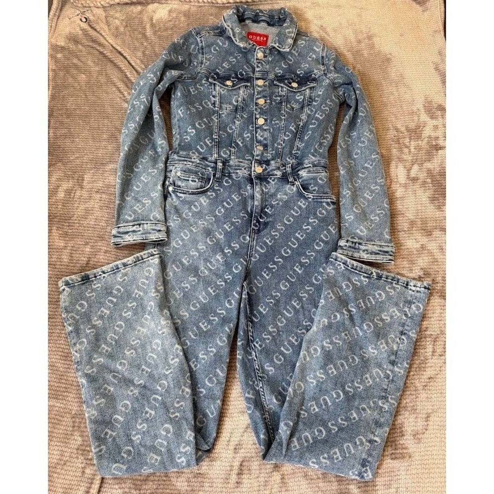 Guess Los Angeles Blue Denim Logo Print Long Sleeve Jumpsuit Womens M 30X31.